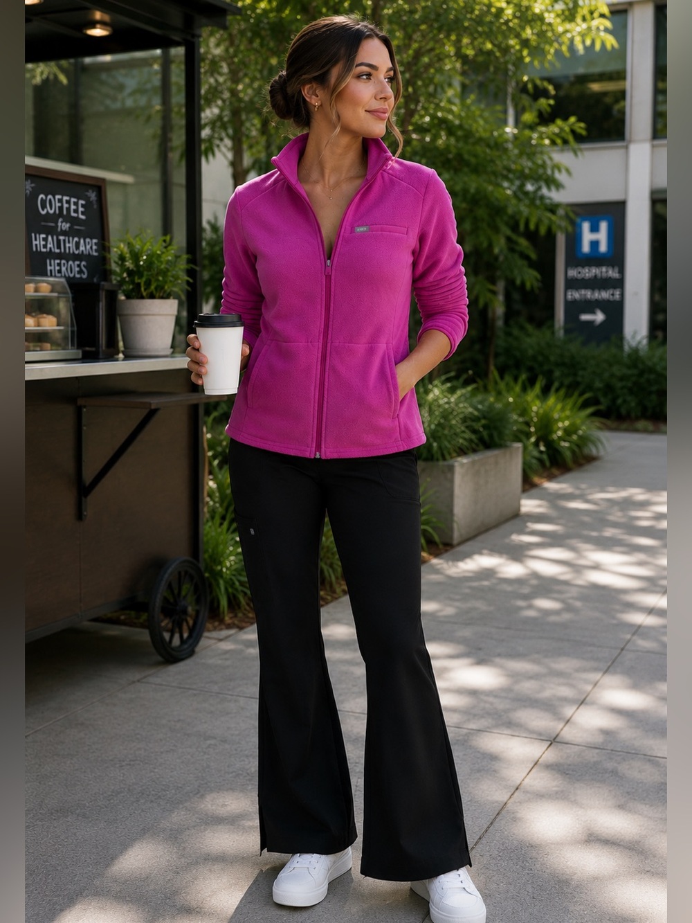 FIGS On-Shift Fleece Jacket Shocking Pink Size Small